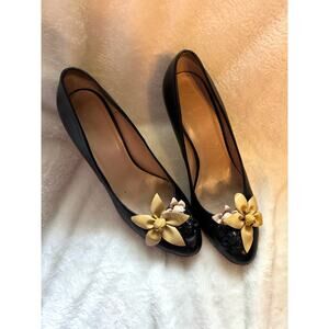 Heyraud Black Vintage Flower Pumps Genuine Leather EU 40 US 9.5